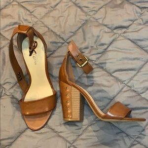 Indigo tan camel strap chunky heels